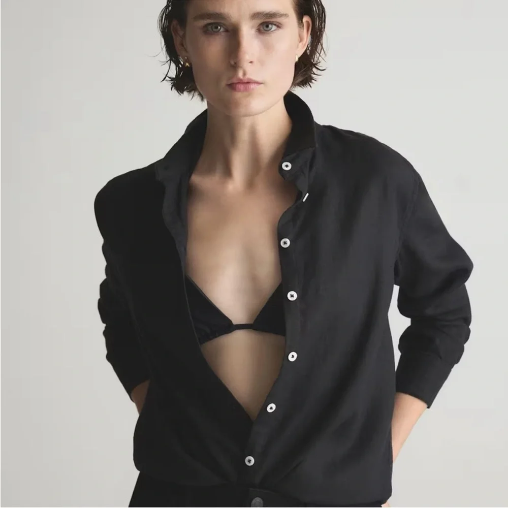 NWT Quince Black 100% European Linen Long Sleeve Button Up Shirt Sz XS - Picture 4 of 6